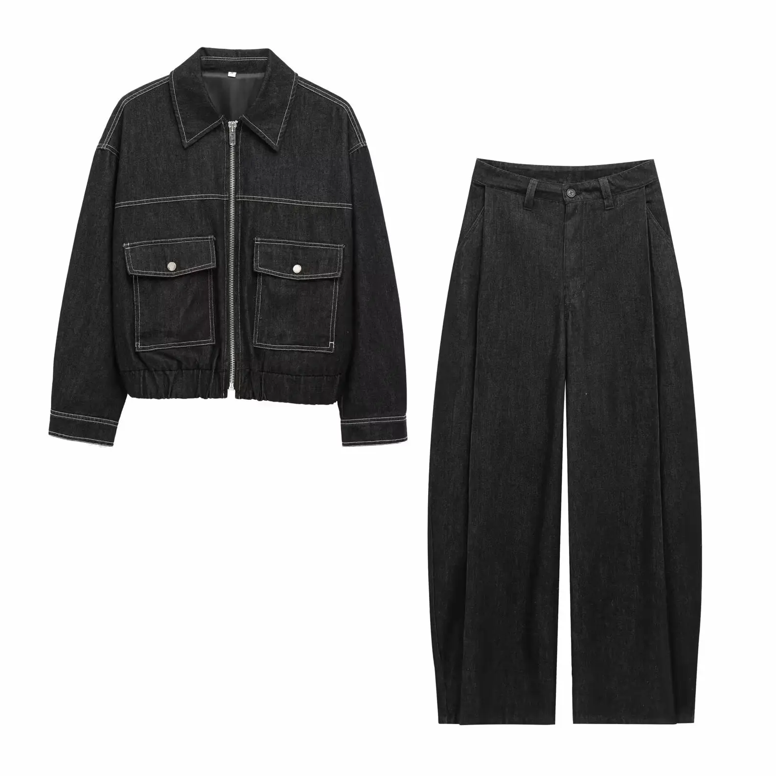 

KONDALA 2025 весенний повседневный однотонный шикарный джинсовый костюм с карманом на молнии, прямая куртка + длинные шаровары на молнии, модный женский весенний костюм