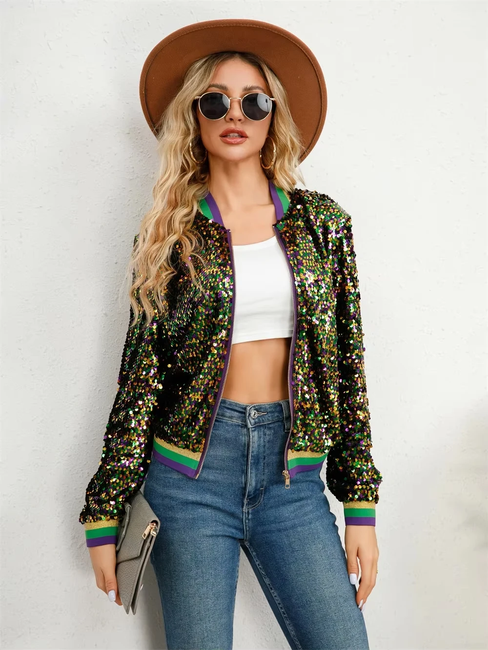 Women Mardi Gras Sequin Jacket  Bomber Jacket Ladies Zip Up Outweear Windbreaker Clothes Outfits For Women