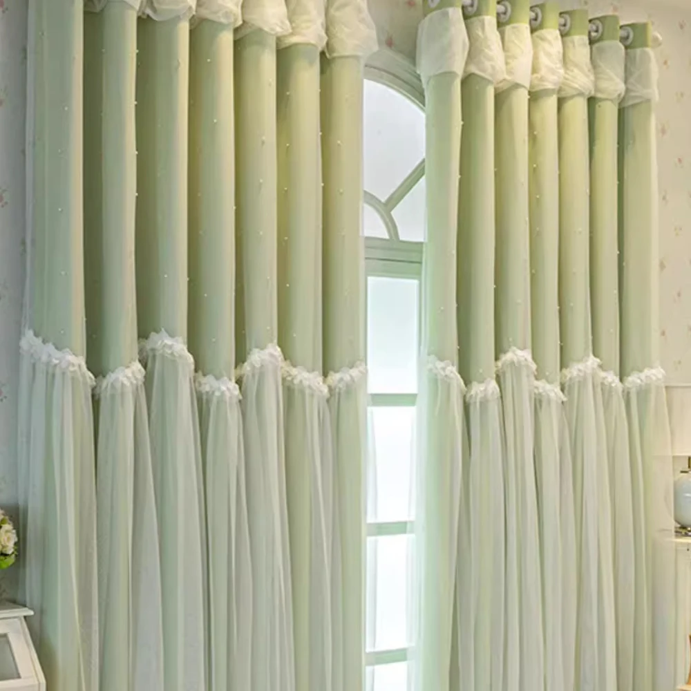French Two-Layer Lace Curtains, Full Light Blocking, Insulation Noise Reduction, Decorative, for Kids Room, Princess Bedroom, Li