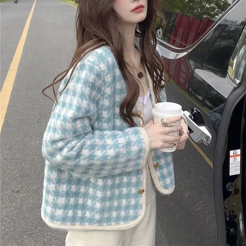 

2023 Women's Autumn And Winter New Style Mink Fleece Short Plaid Fragrant Coat Pink Black Jacket Female