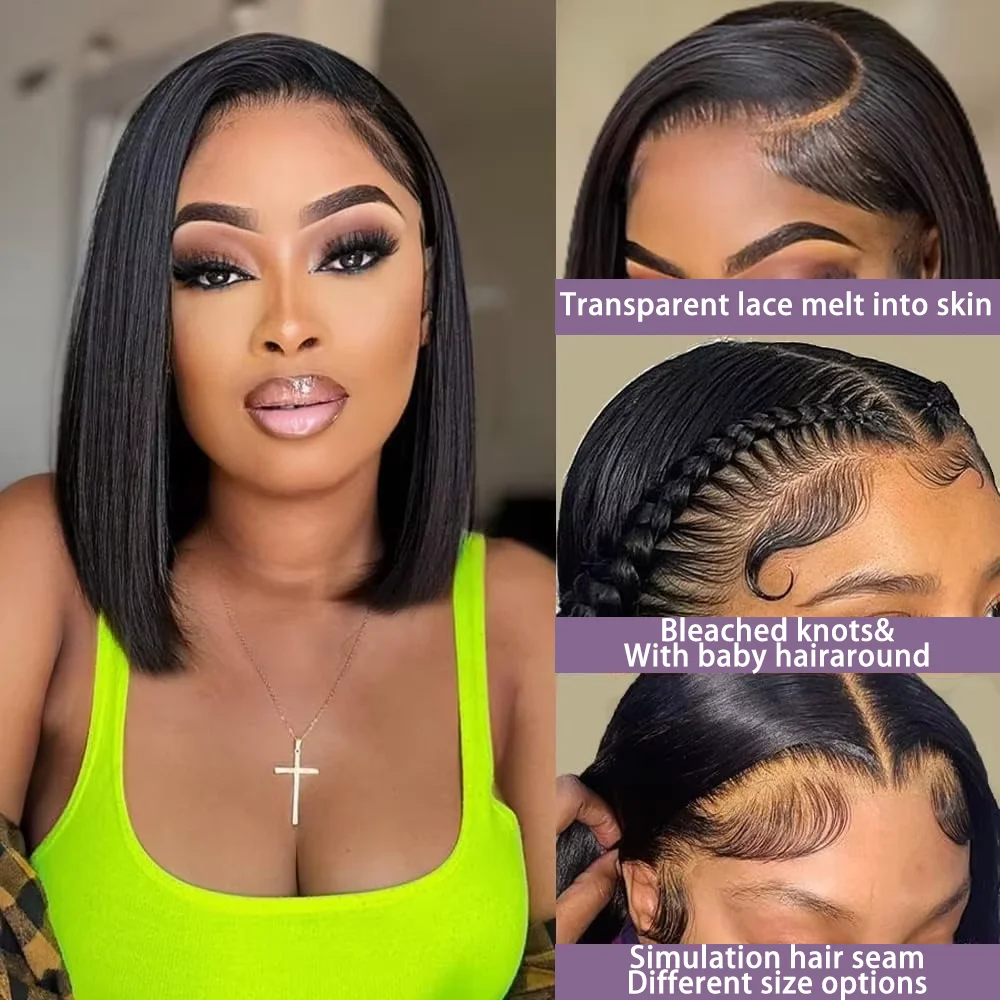 Straight Short Bob Wigs Brazilian Virgin Human Hair 13x4 Lace Frontal Wig PrePlucked with Baby Hair 4x4 Lace Closure Wig 12 Inch