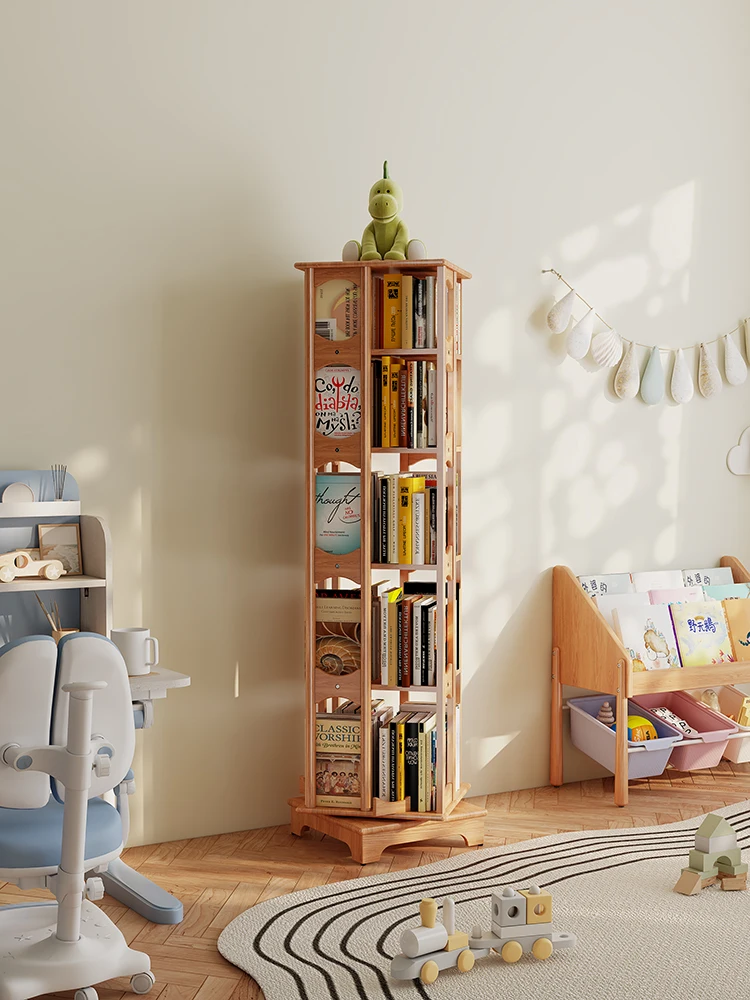 Red Oak all solid wood rotating bookshelf 360 degree Internet celebrity storage home living room floor shelf