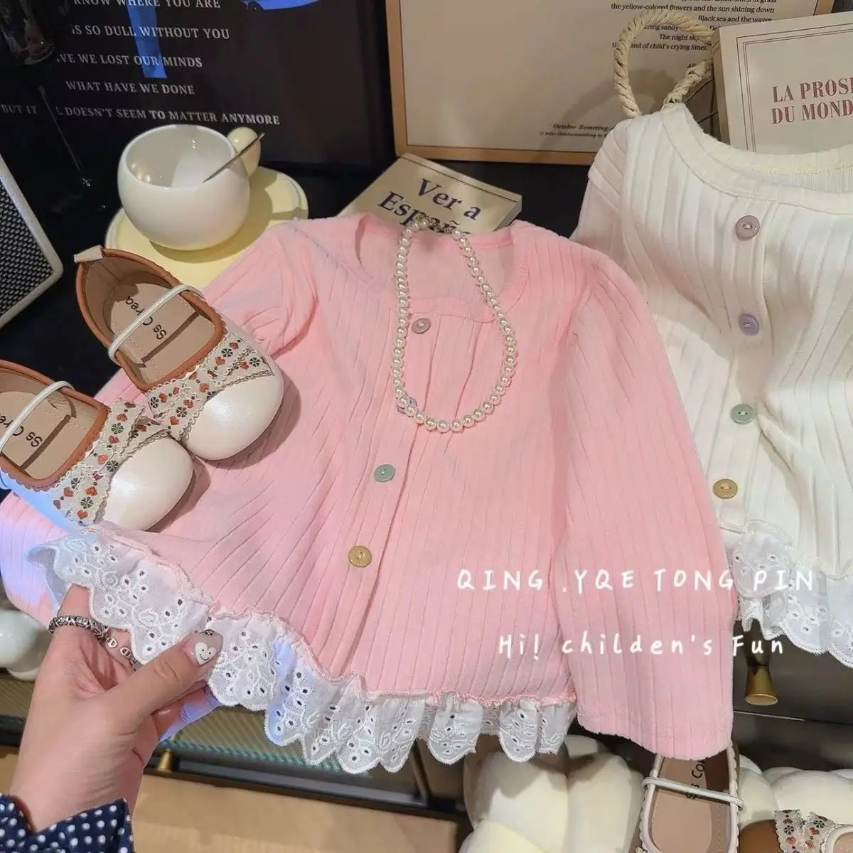 Kids Girls Lace Stitching T-shirts 2025 New Arrival Children Casual Undershirts Spring Autumn Cotton Tops Japanese Korean Style