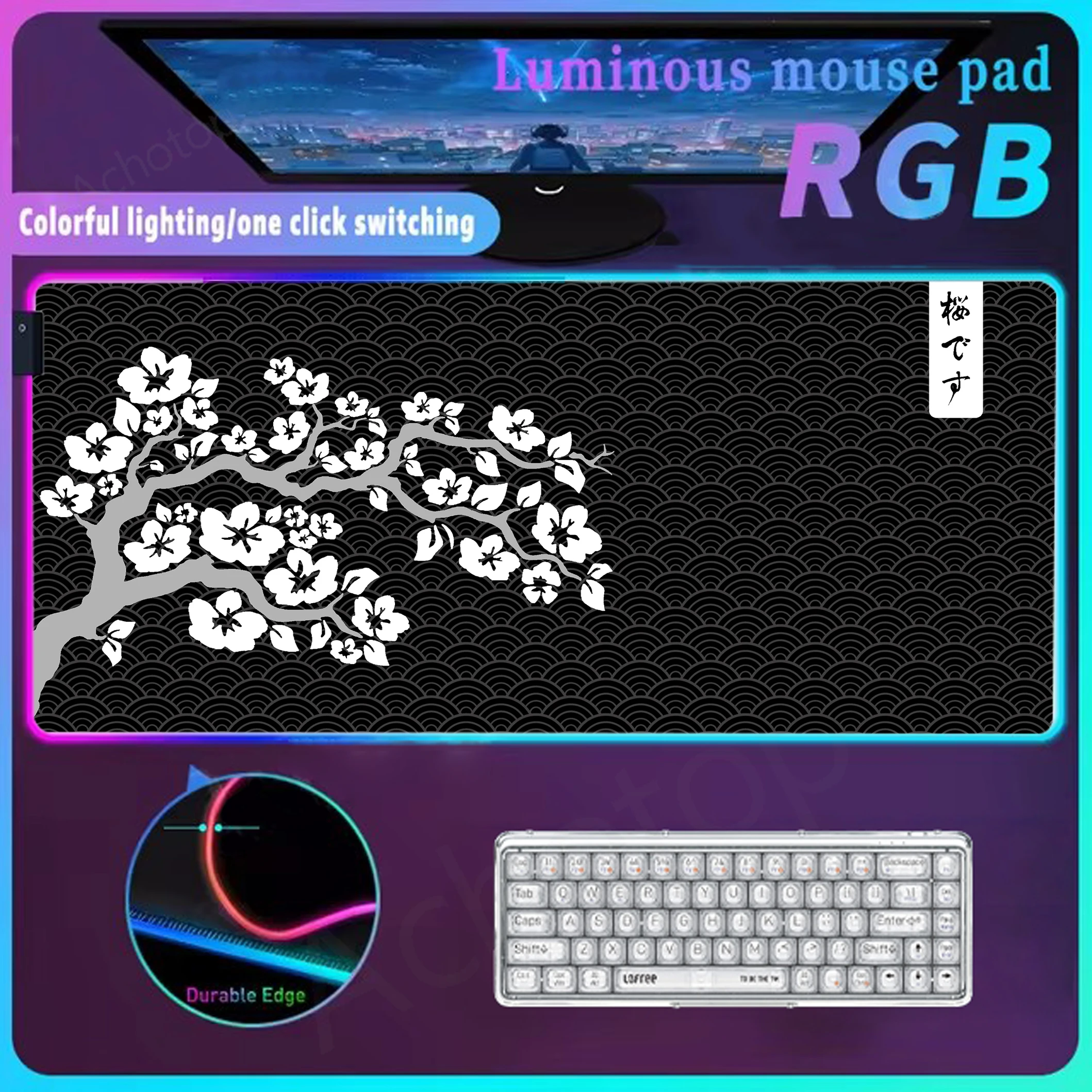 Großes RGB-Mauspad, schwarz-weiße Tischmatte mit LED-Teppich, Gaming-Zubehör, leuchtende Persönlichkeit, Mauspad, Sakura, erweiterte Pads