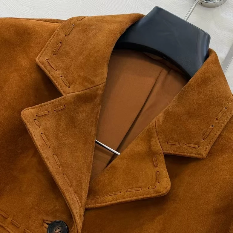 New suede lapel, single breasted workwear, pocket, short leather jacket, women's autumn and winter style