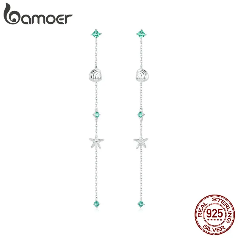 BAMOER 925 Sterling Zilver Blauwe Oceaan Drop Dangle Oor Draden Shell Zeester Lange Kwast Oorbellen voor Vrouwen Fijne Sieraden BSE1013