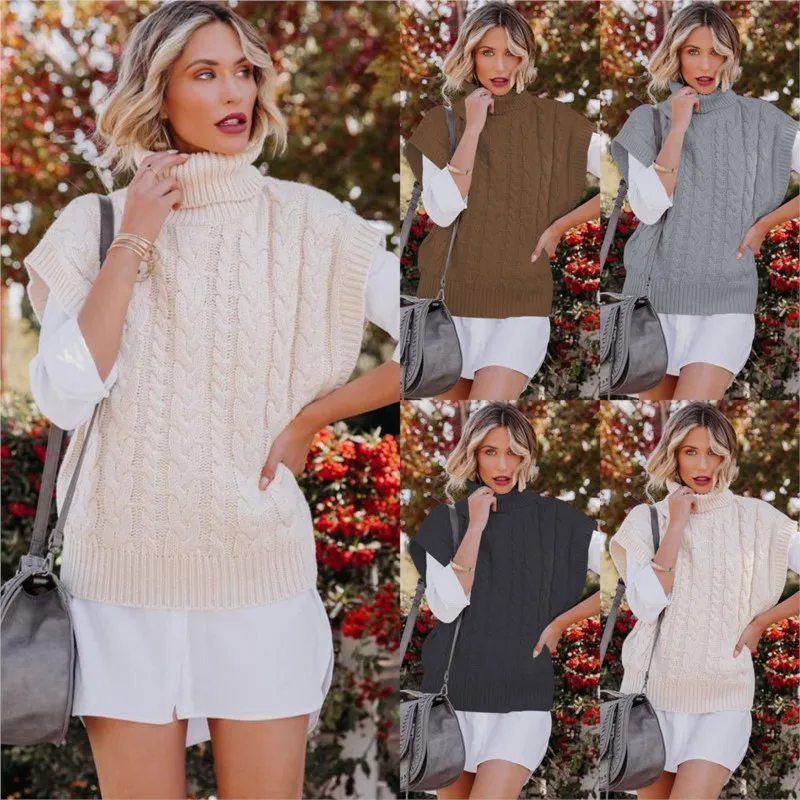

2025 Autumn Winter Fashion Sleeveless Knitted Tank Loose High Collar Sweater Pullover Women's vest Top chaleco marron mujer