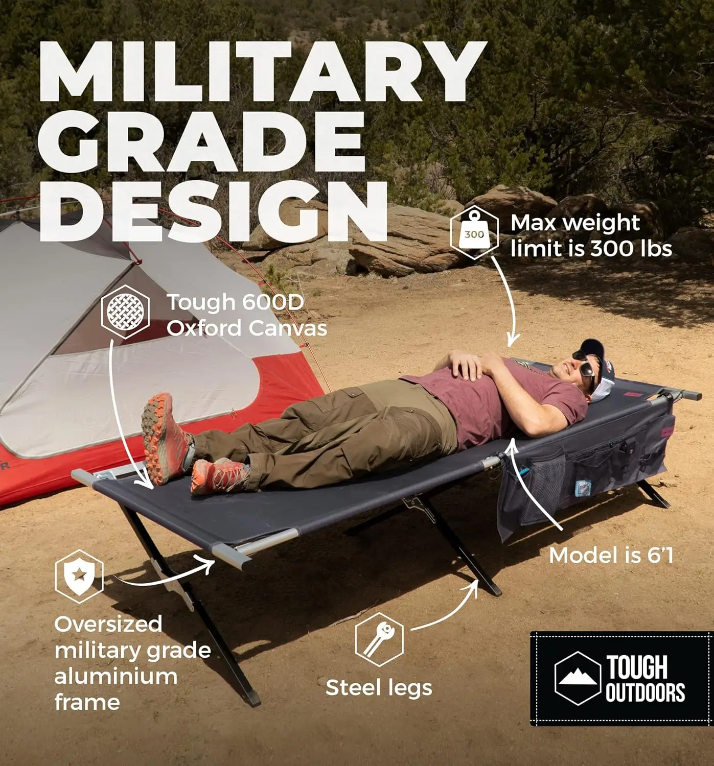 Camping Cot - Durable Heavy Duty Military Bed - Elevated Foldable Cot & Camp