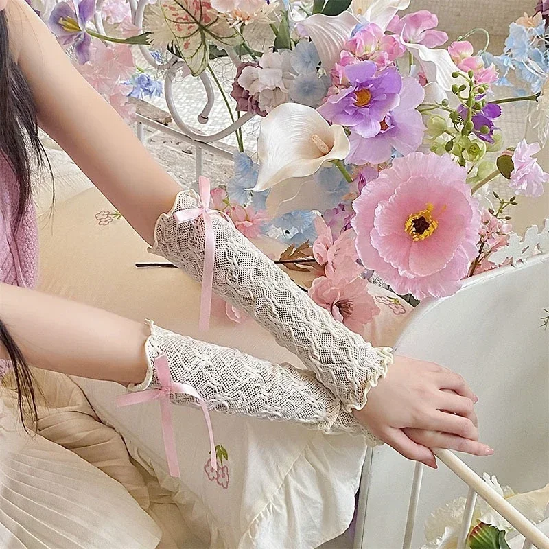 ロリータレース手袋バレエスタイル白レース袖女性の薄い夏の日焼け止め換気 Y2K かわいい弓手袋女の子のための