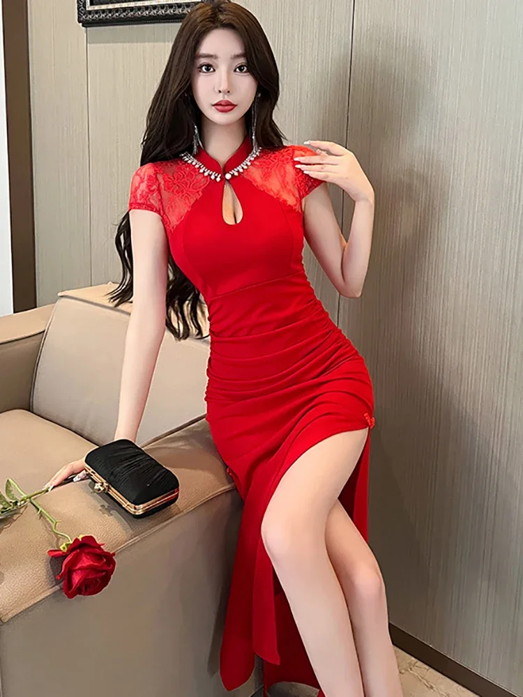 

Summer Elegant Luxury Festival Dress 2025 Korean Fashion International Dress Women Red Patchwork Lace Hollow Out Sexy Long Dress