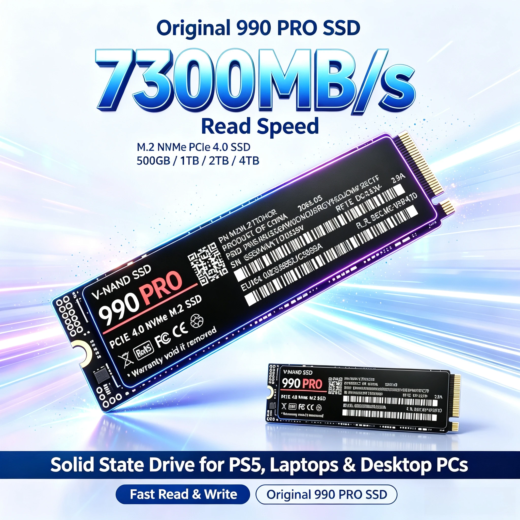 Original 990 PRO SSD 500GB-4TB M.2 NVMe PCIe 4.0, 7,300MB/s Read Speed for PS5, Gaming Laptops and Desktop PCs.