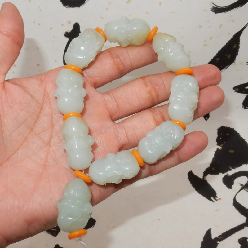 Hotan Eighteen Arhats Men's White Jade Bead Bracelet Buddhist Beads