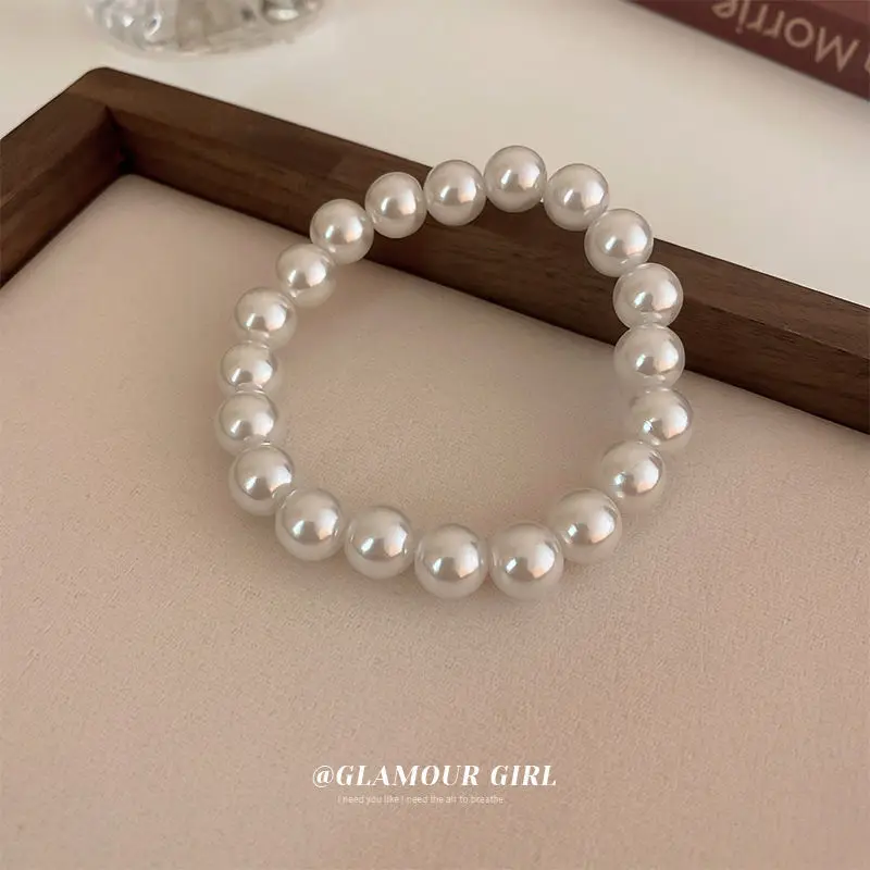 Elegant White Faux Pearls Beaded Bracelets for Women Adjustable Elastic Rope Bracelet French Luxury Hands Jewelry Accessories