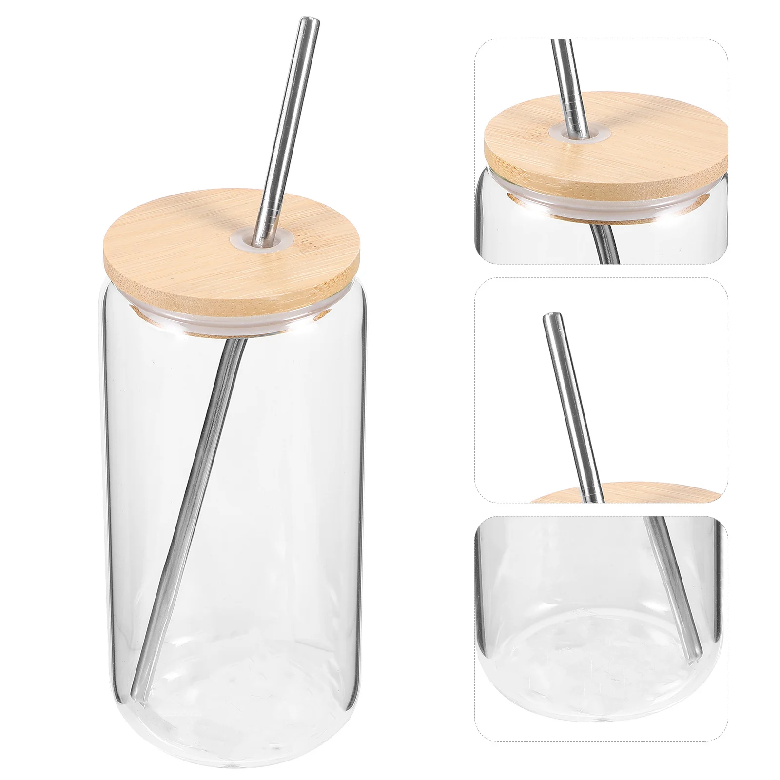 

1Set Glass Cup Bamboo Lid Stainless Steel Straw Flat Bottom Clear Beer Can Tumbler Milk Coffee Juice Cup Glass Cups with Straw
