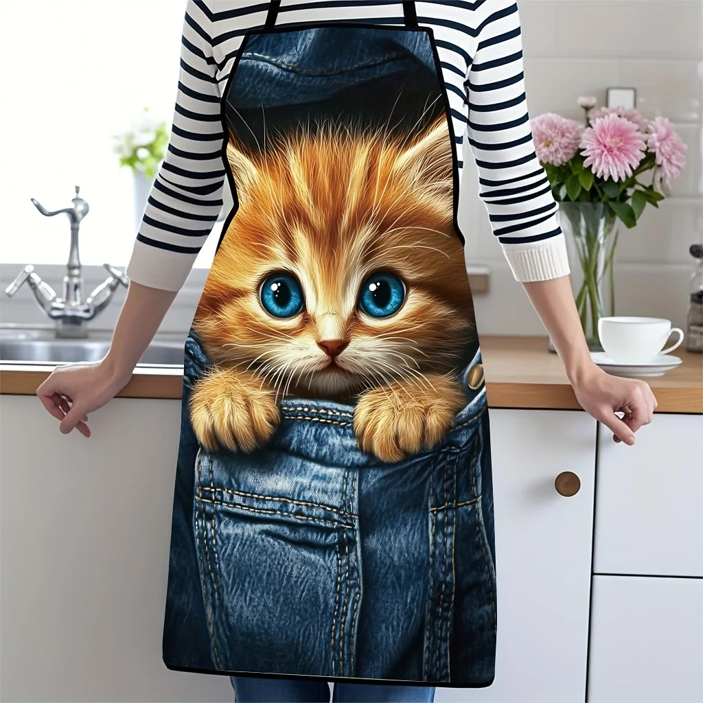 Cute Kitten Face Print Apron for Kitchen Cooking Baking Apron Apron Smock for Women Men