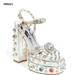 Colorful Gemstone Embellished Platform Heels High Heel Sandals Women Rhinestones Chunky Heeled Summer Party Shoes