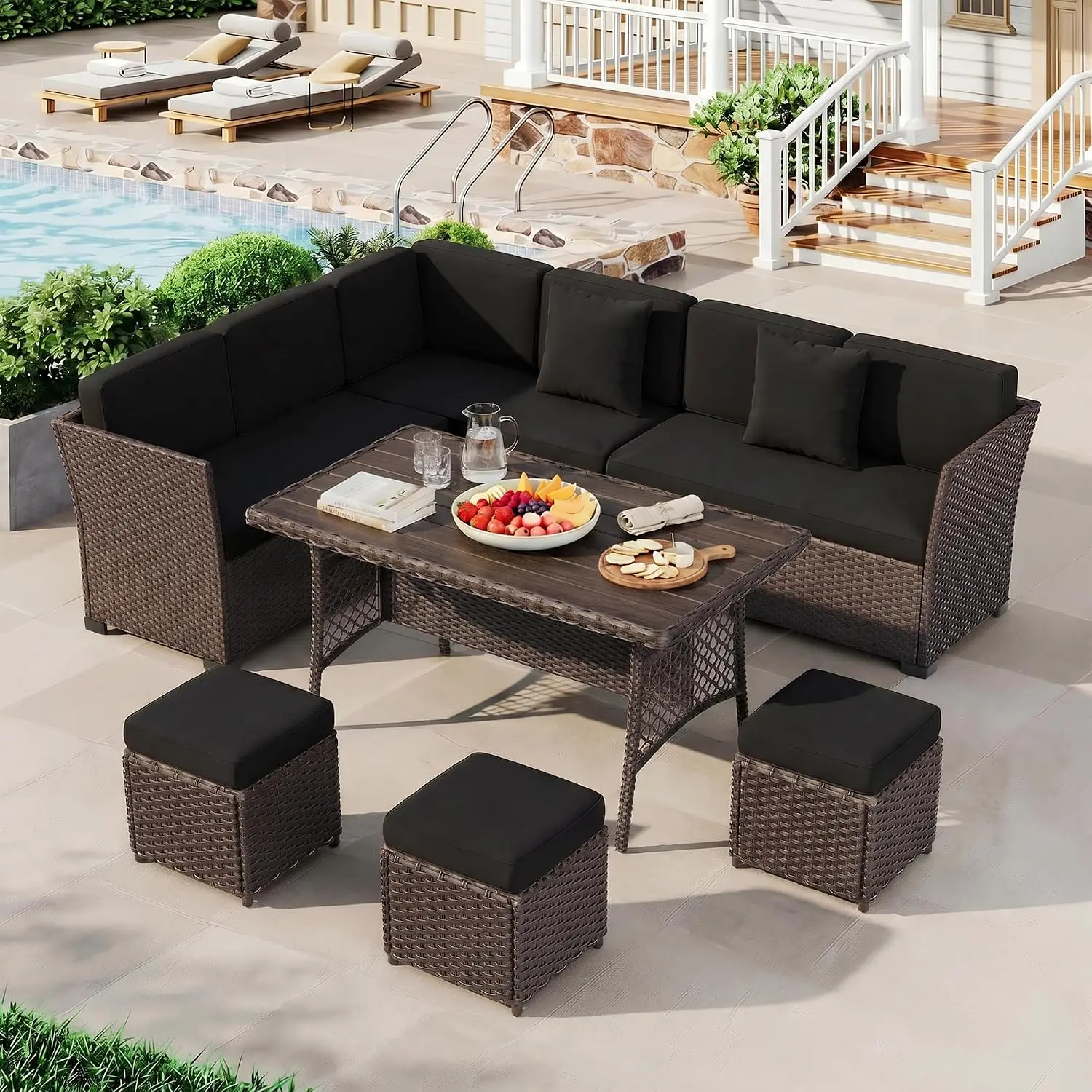 7 Pieces Patio Sectional Sofa Dining Table Ottoman Set, Customized