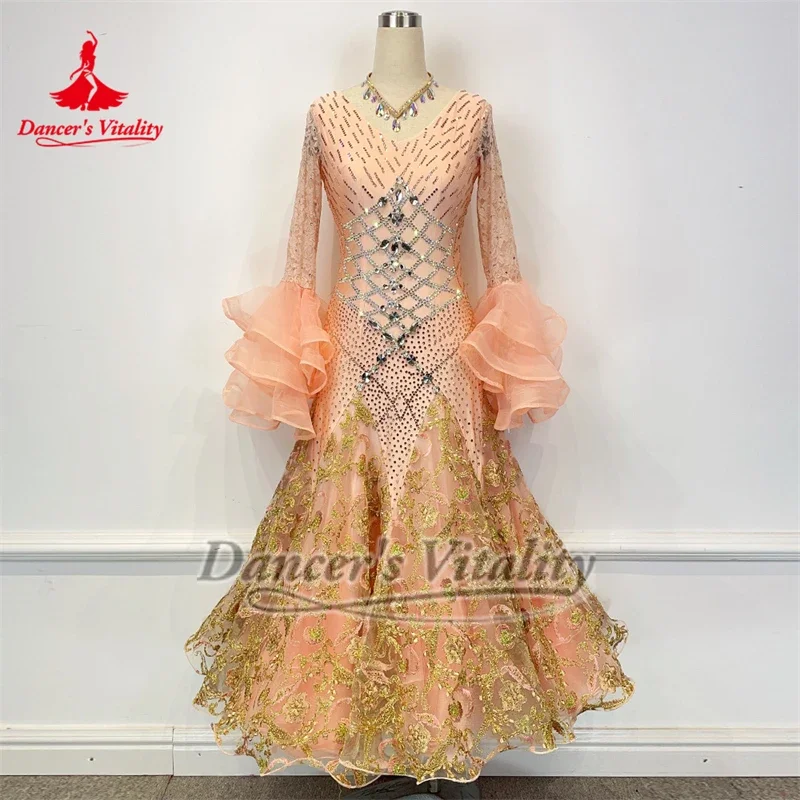 Viennese Waltz Tango Rumba Shrimp Pink Color Flared Sleeves Floral Design Dresses for Adult Advanced Customize Dancer's Vitality