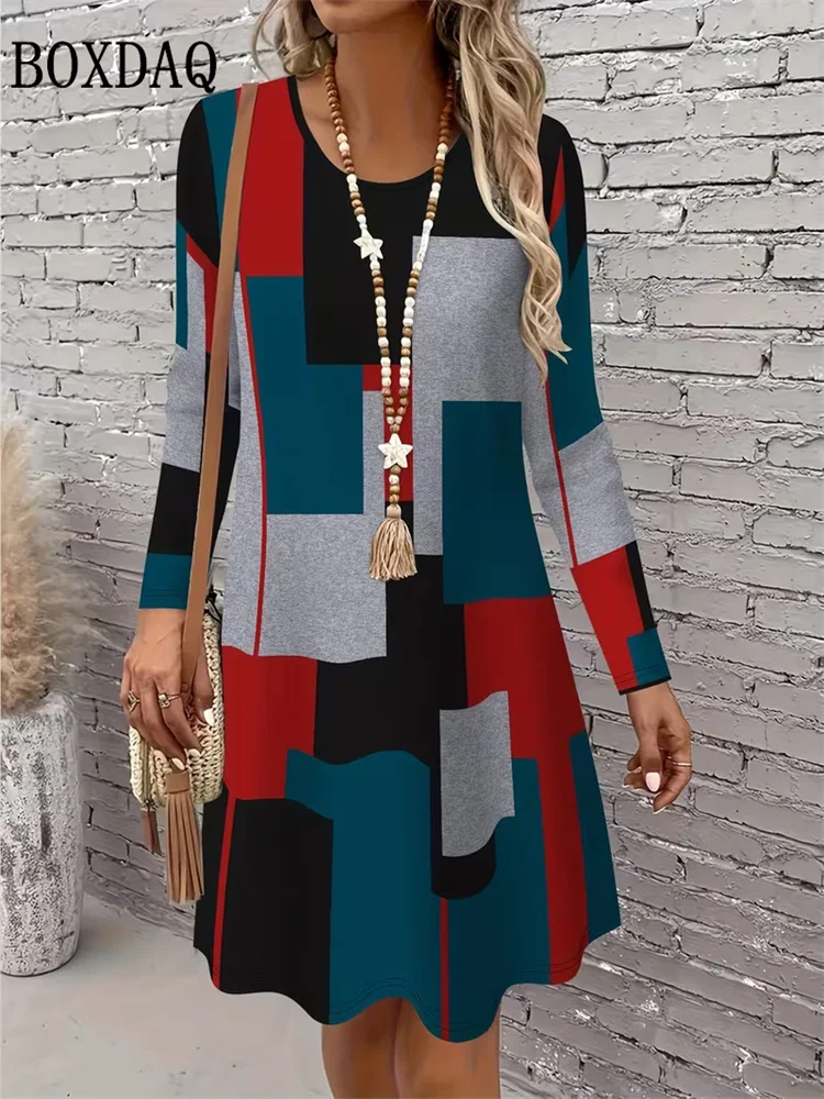 Women's Casual Printed Long Sleeve Dresses For Women Fashion Geometry 3D Print Loose Mini Dresses Autumn Winter Women Dresses