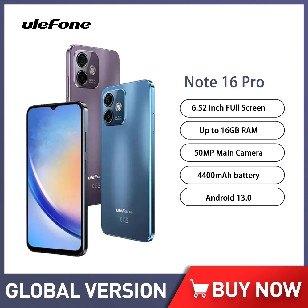 

Ulefone Note 16 Pro 8GB+128GB/256GB/512GB Smartphone Android 13 Unisoc T606 6.52 Inch 50MP 4400mAh Battery 4G Cellphone GPS