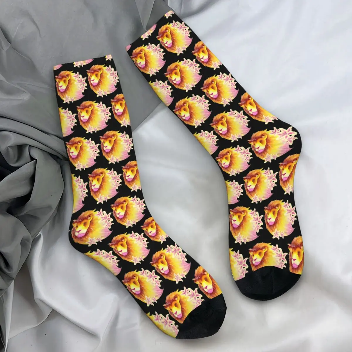 Luxury Golden Lion Flower Socks Modern Stockings Couple Quality Running Sports Socks Winter Graphic Anti Skid Socks