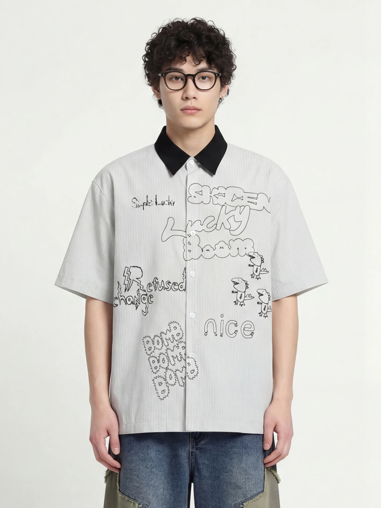 

from Graffiti Printed Loose Fit Short Sleeve Shirt Collared Dinosaur Lettering Unisex Summer Casual Wear Breathable Cott...