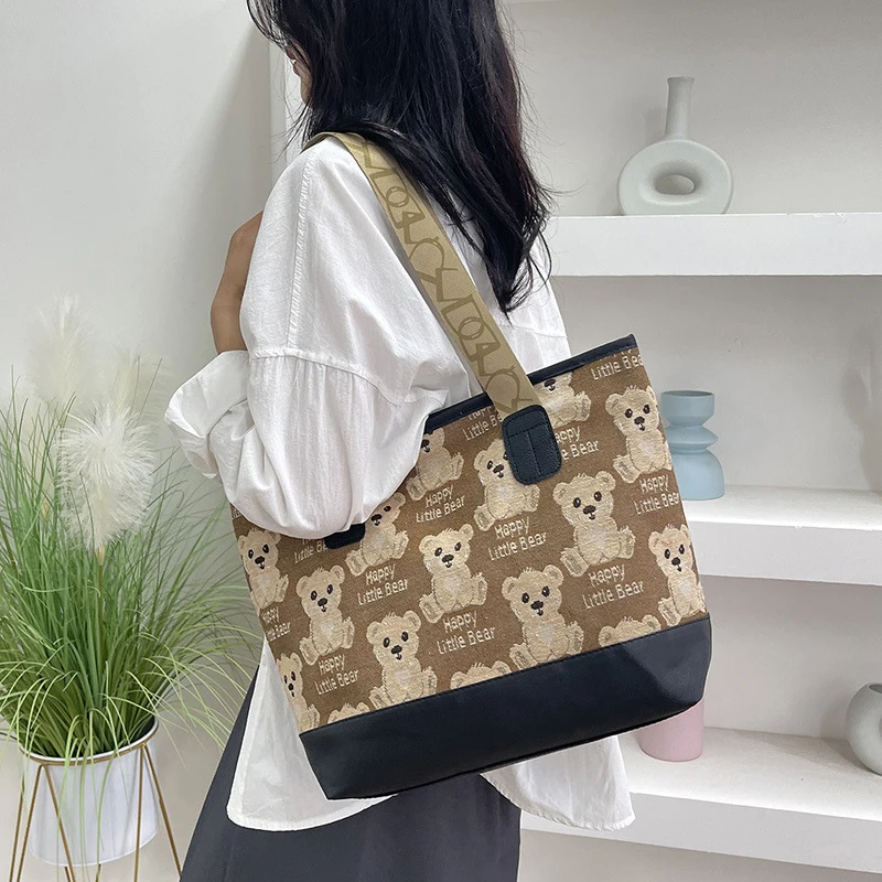 Women's Canvas Print Bear Handbag Fashion Versatile Student Shoulder Bag Large Capacity Tote Bag