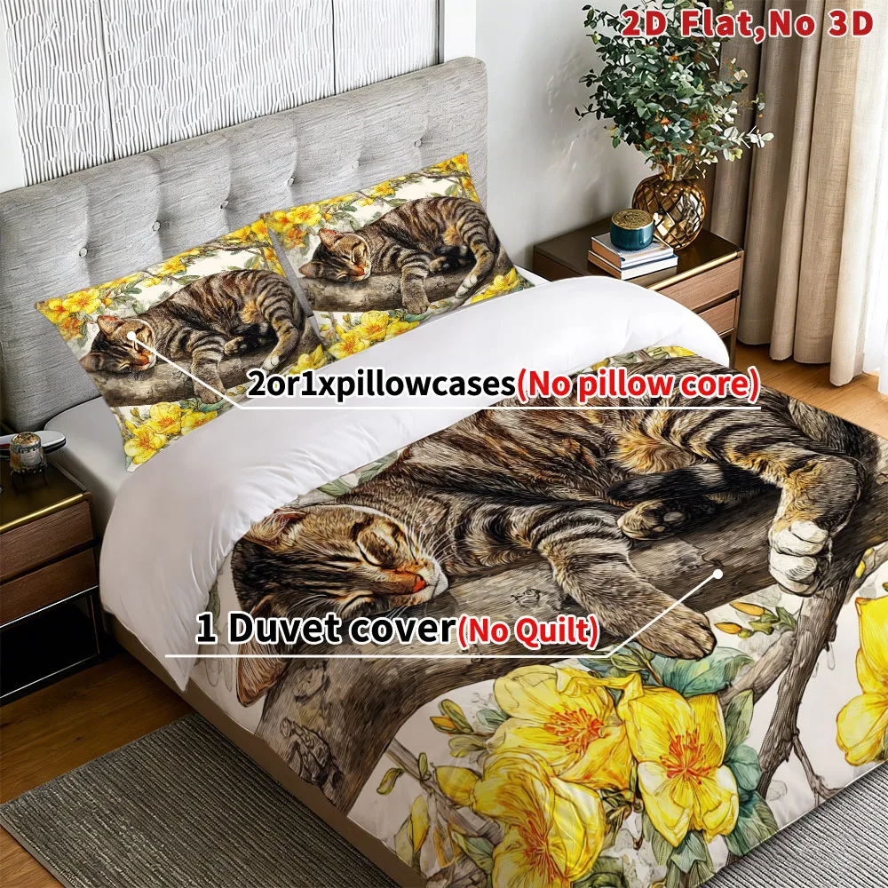 Floral Cat Duvet Cover Set Multi Size Quilt Cover Queen Size Bedroom Bedding Decoration Machine Washable Adult Boy Girl Bedroom