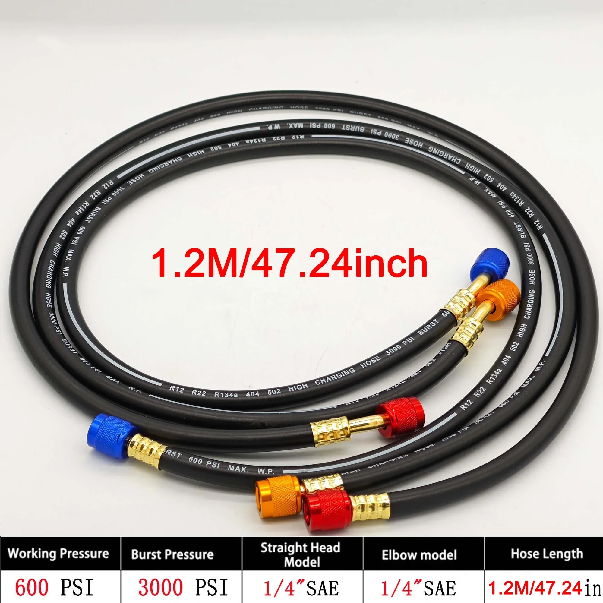 1M1.2M1.8M Three Set Black Anti-Explosion Refrigerant Tube for R12, R22, R134A, 404,502, HVAC Automotive Refrigerant Charging Ki