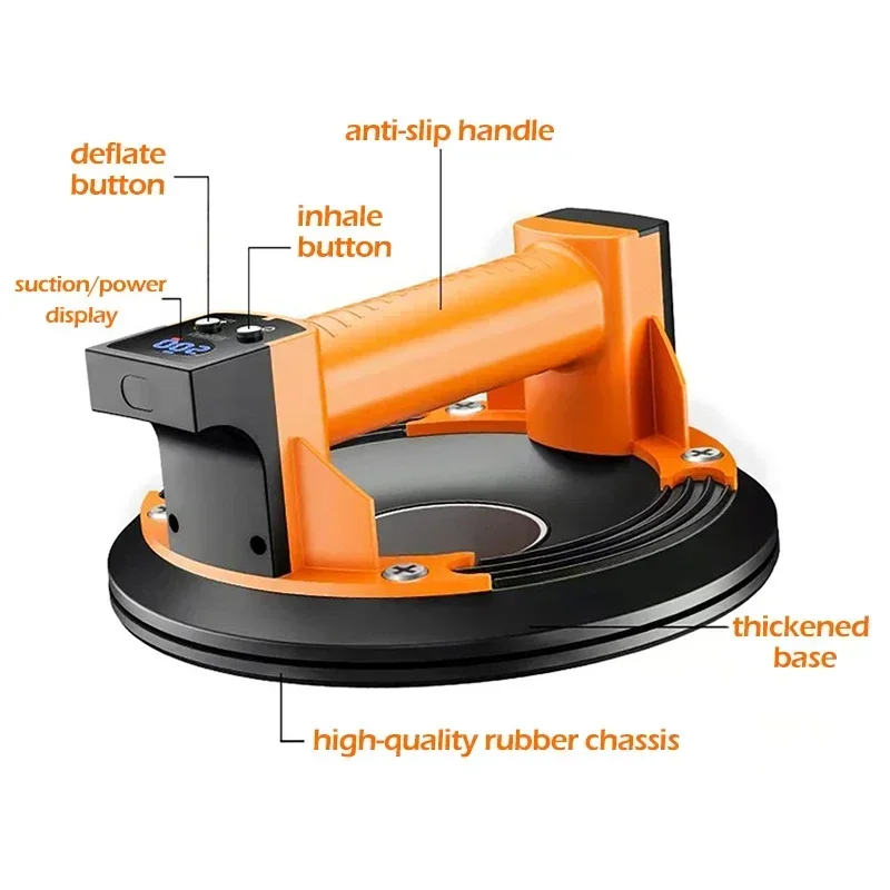 Intelligent Display Electric Vacuum Suction Cup 8inch 200KG Bearing Capacity Lifter for Granite Glass Tile 1500mAh Battery