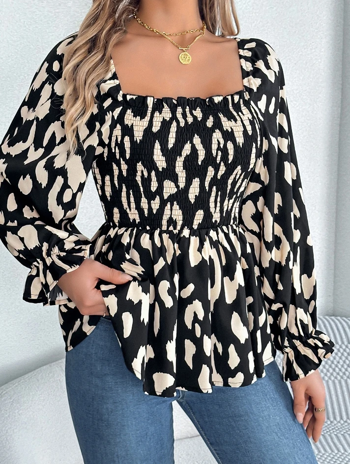 Casual Square Neck Leopard Print Long Sleeved Chiffon Shirt for Women women\'s blouses trend 2025