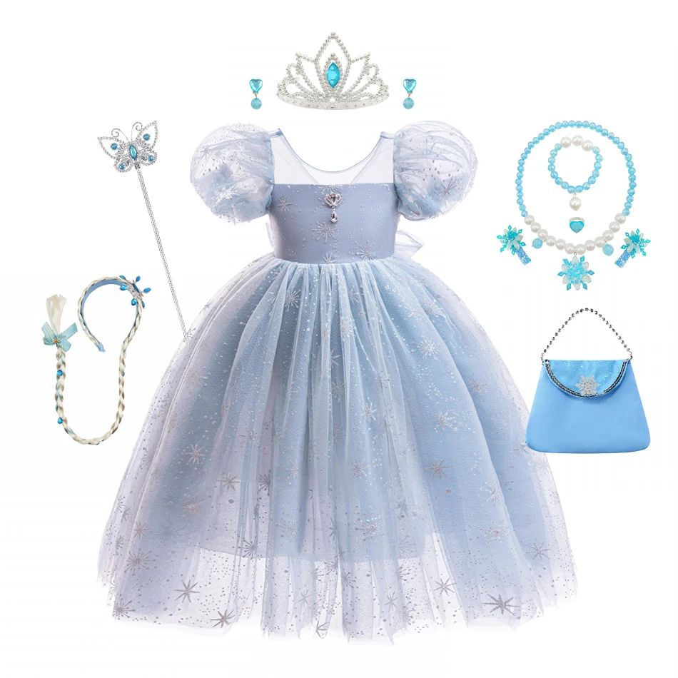 Elsa Inspired Princess Dress for Girls Blue Tulle Gown with Puff Sleeves Snowflake Print Birthday Party Costume with Accessories