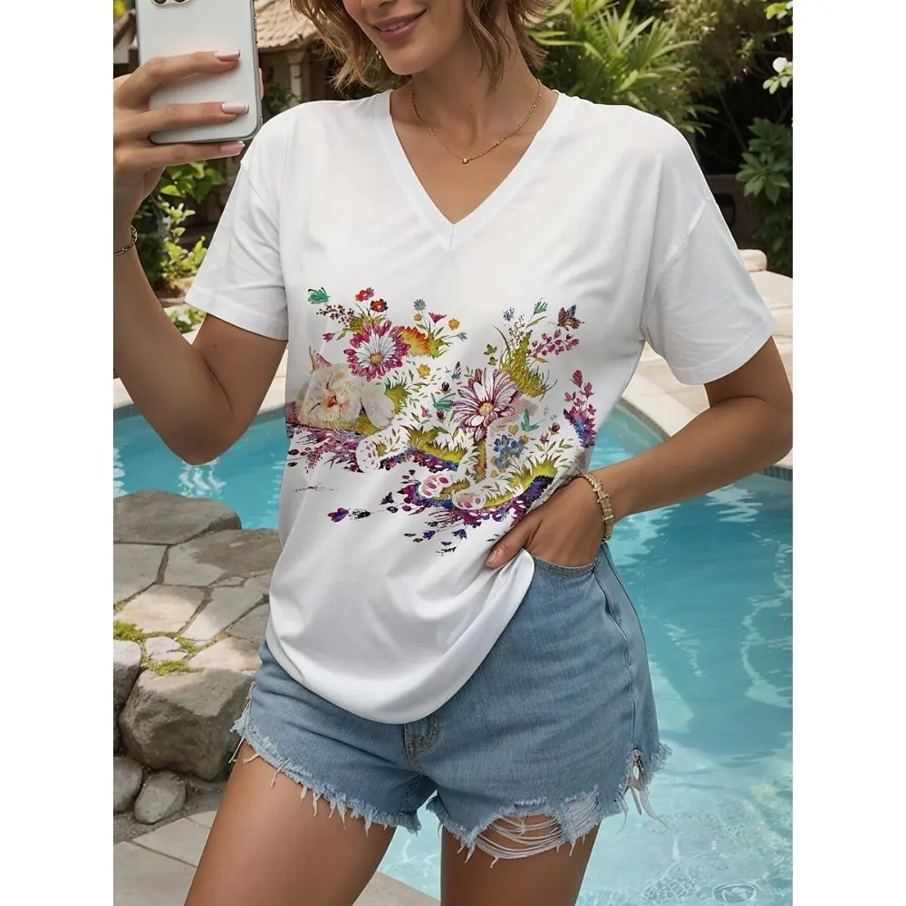

Women T-Shirt Simple Flower Graphic Print Oversized Women's Clothing Fashion Short Sleeved Women V-Neck Blouse Casual Outdoor