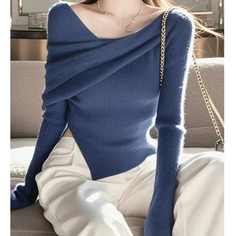 

Autumn Winter Fashion Chic Slash Neck Sweaters Women Clothing Vintage Elegant Knitted Jumper Solid Elastic Slim Wool Pullovers