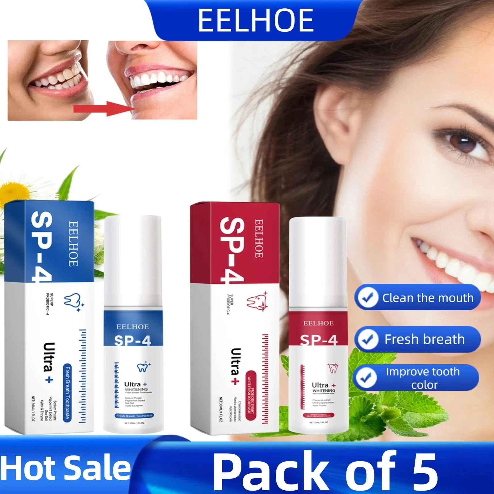 5pcs Mint Teeth Whitening Toothpaste Improves Breath, Removes Stains, Supports Gum Health and Whitens Teeth Adult Toothpaste