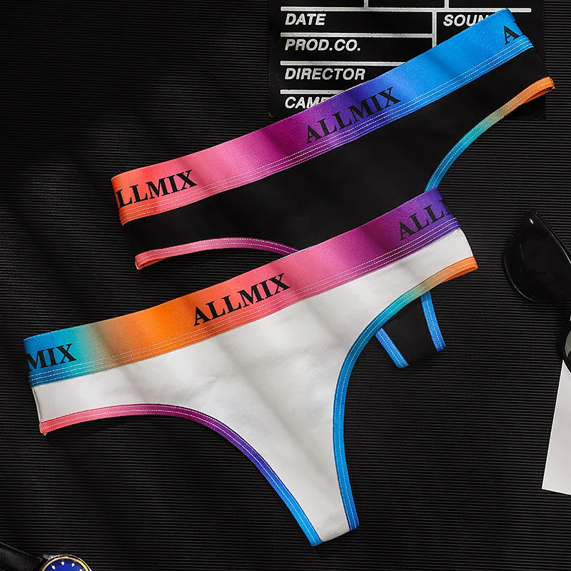 Fashion Women Panties Sexy Sports Fitness Gradient Rainbow Letters Cotton Seamless Low-Rise Briefs Breathable Movement Lingerie