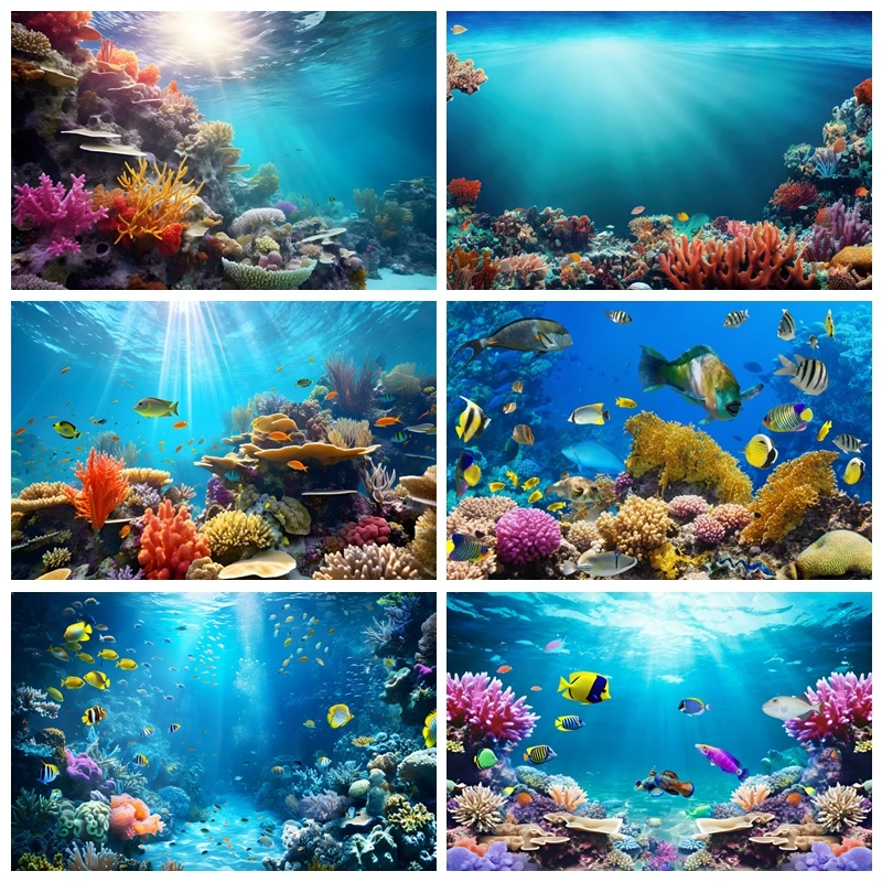 Underwater World Seabed Backdrop for Photography Ocean Undersea Shark Fish Coral Aquarium Birthday Decor Photo Background Props