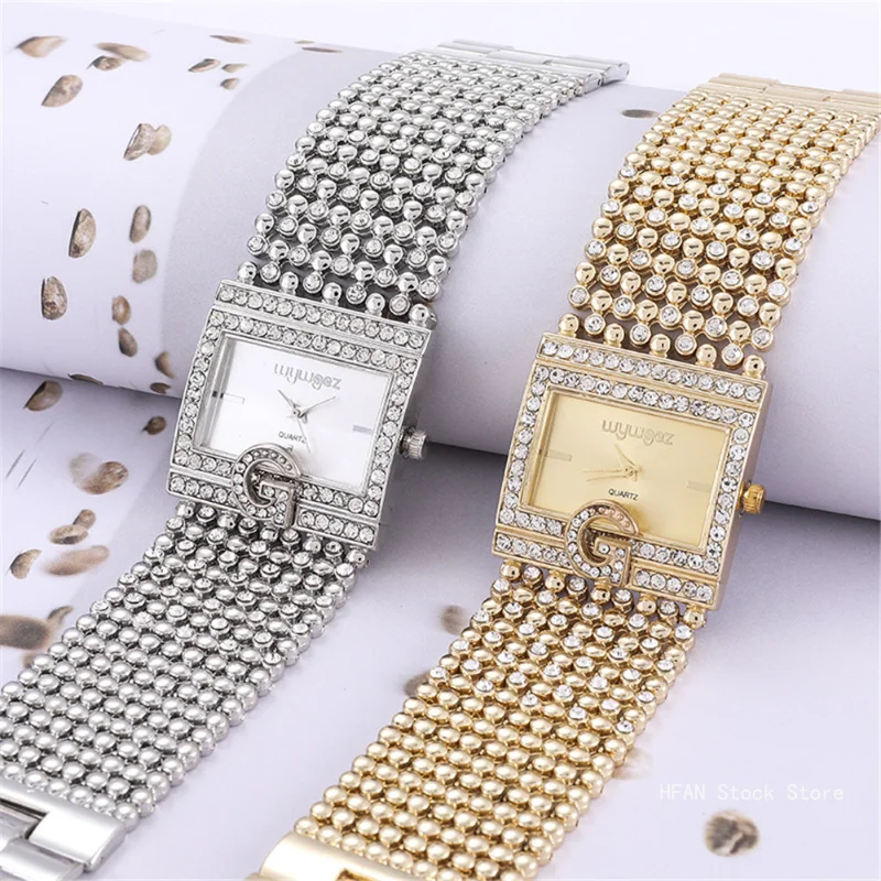 2024 Brand Luxury Casual Women Square Full Diamond Bracelet Watch Analog Quartz Movement Wrist Watch Watches Ladies Watch