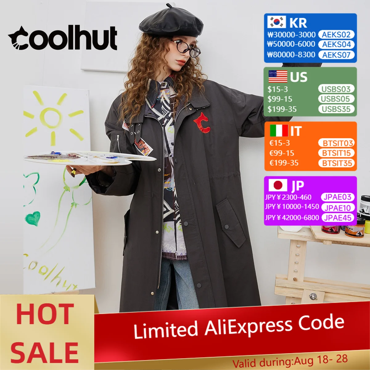 

COOLHUT женский Тренч в американском студенческом стиле 2025 года, средней длины, свободный крой, карман с надписью, двойная молния, повседневная осенняя куртка