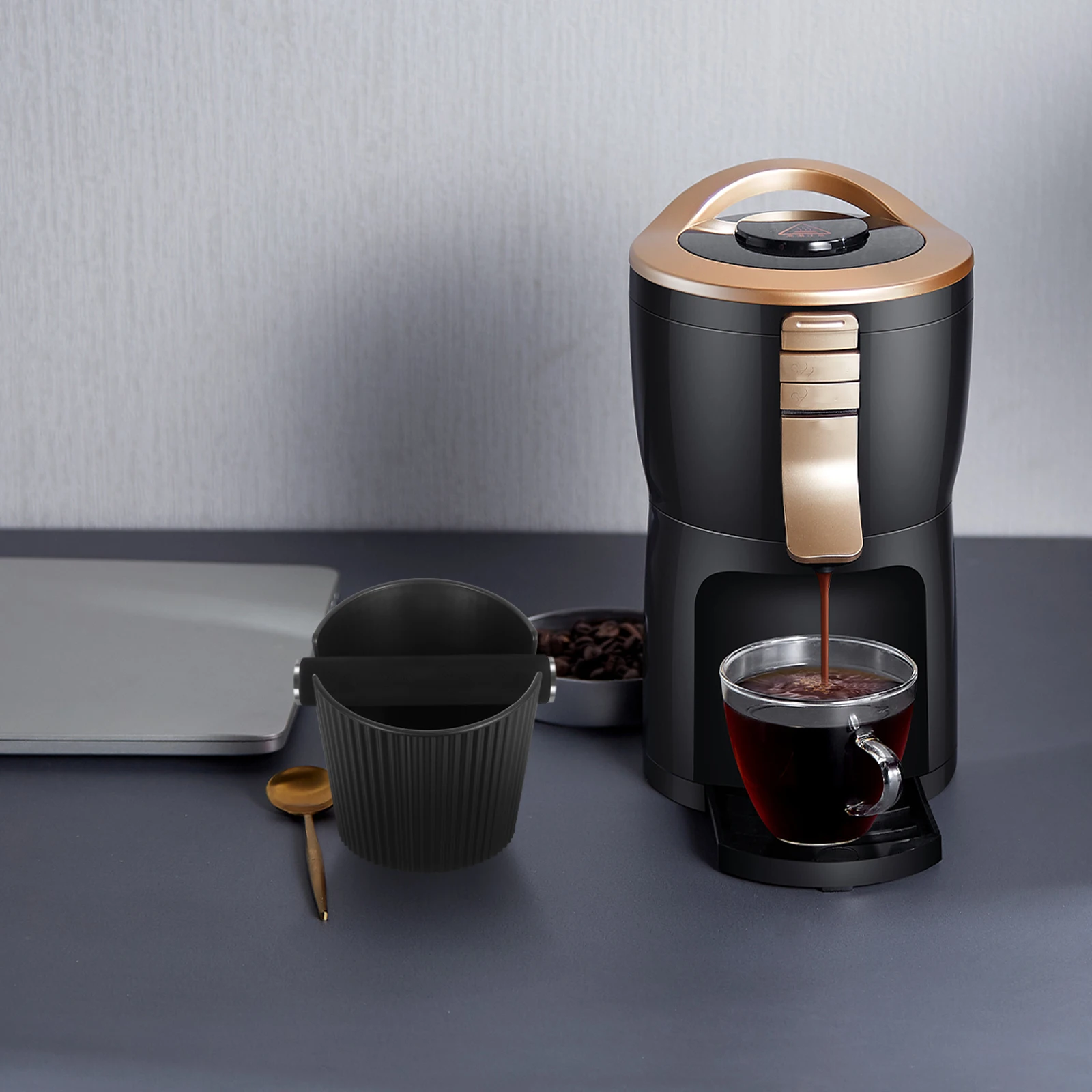 عصا صندوق طحن القهوة من السيليكون العملي مع مقبض من الفولاذ المقاوم للصدأ مضاد للانزلاق لحاوية أرضية الإسبريسو #2