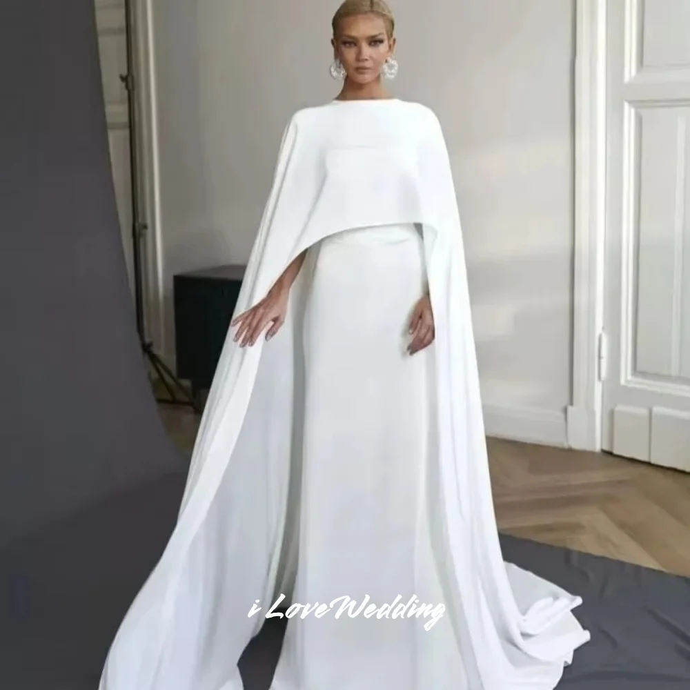 2026 O-Neck Cape Sleeves White Wedding Dresses Shawl Mermaid Saudi Arabia Sweep Train Pleated Wedding Party Dresses Customized