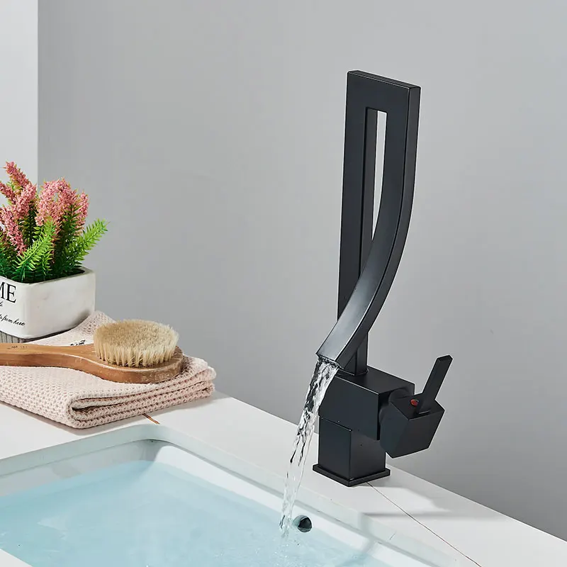 Glänzender Goldener Badezimmer-Waschtischarmatur, Kalt-Warm-Drehmischer, Kranarmatur, Schwarz-Nickel-Chrom-Messing, Wasserfall-Waschbeckenmischer