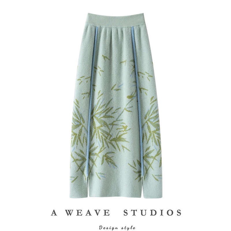 New Chinese Style Women Long Skirt Suite 100% Cashmere Straight Skirt Autumn Winter Skirt Warm Knit Elegant Dress Bamboo Pattern