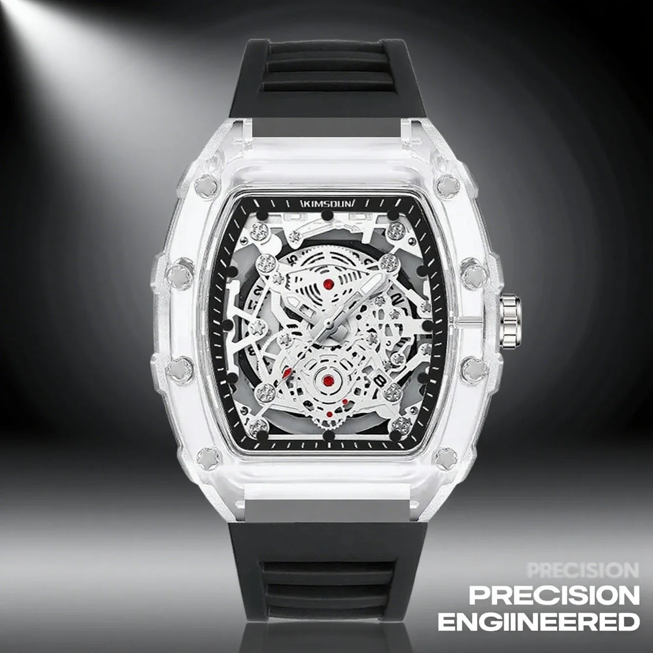 Fashionable Casual Mens Watch Luminous Dial Calendar Function Durable Silicone Strap Tonneau Shape Transparent Case Quartz Watch