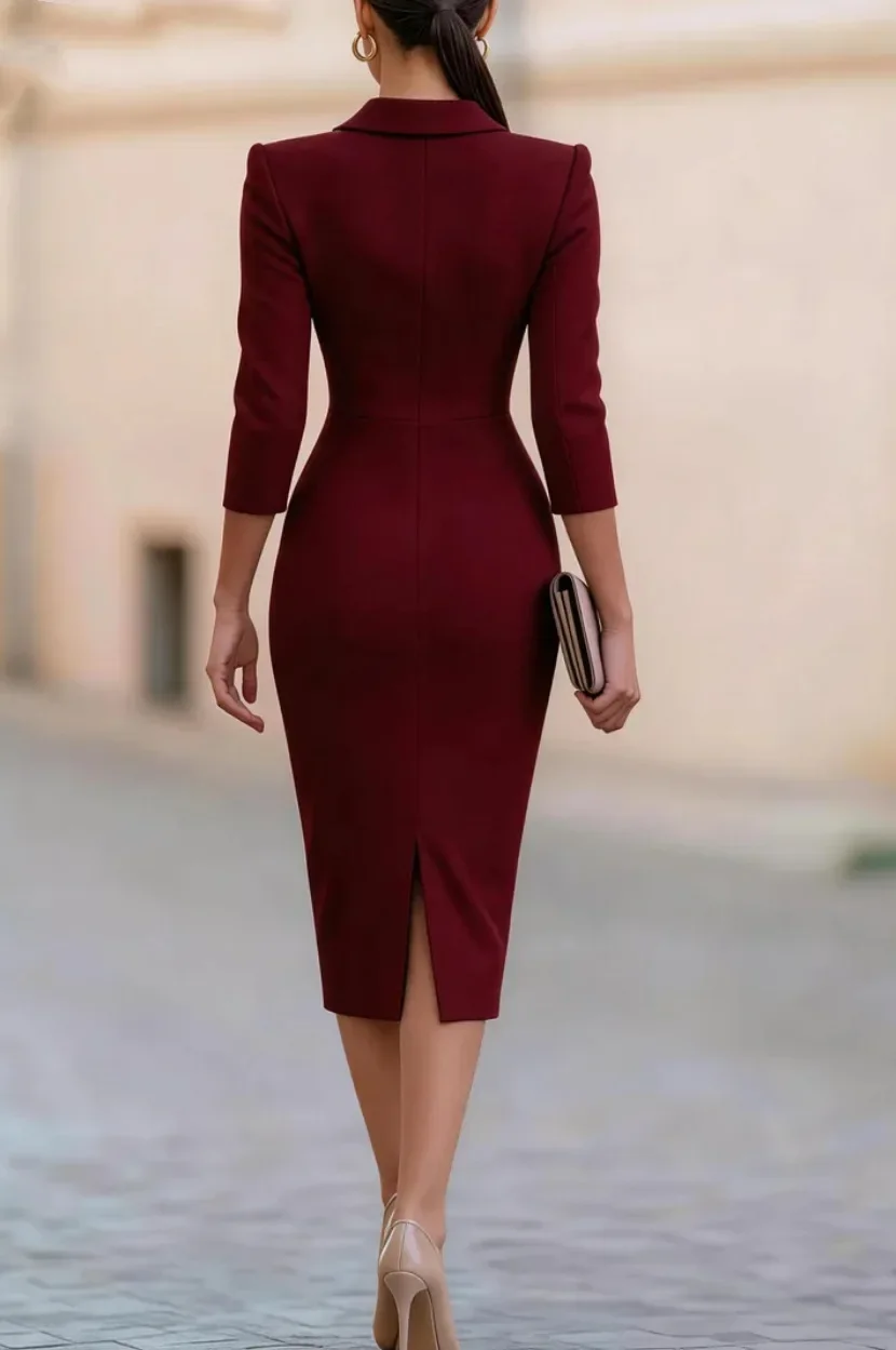Damen V-Ausschnitt Dreiviertelarm Revers Bodycon-Kleid Elegantes Bürokleid Bleistiftrock für Arbeit und Party – Detail 9