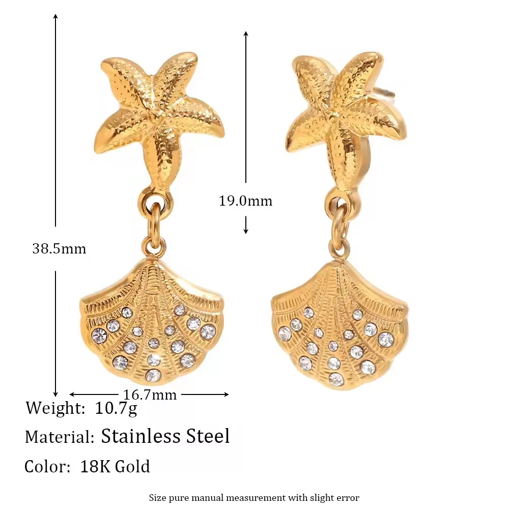 Stainless Steel Plated 18k Gold Earrings With Starfish Shell & Dot Diamond Splicing Earrings