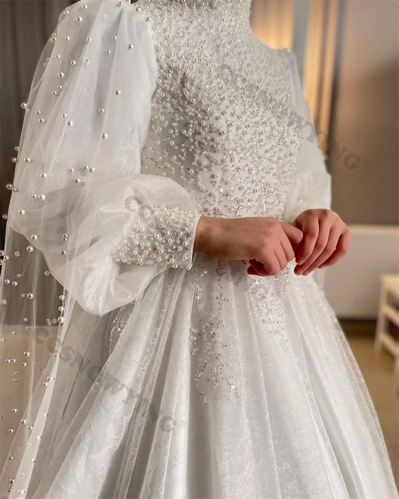 Vestido De novia musulmán De manga larga con cuentas De tul, cuello alto, Hijab, Árabe