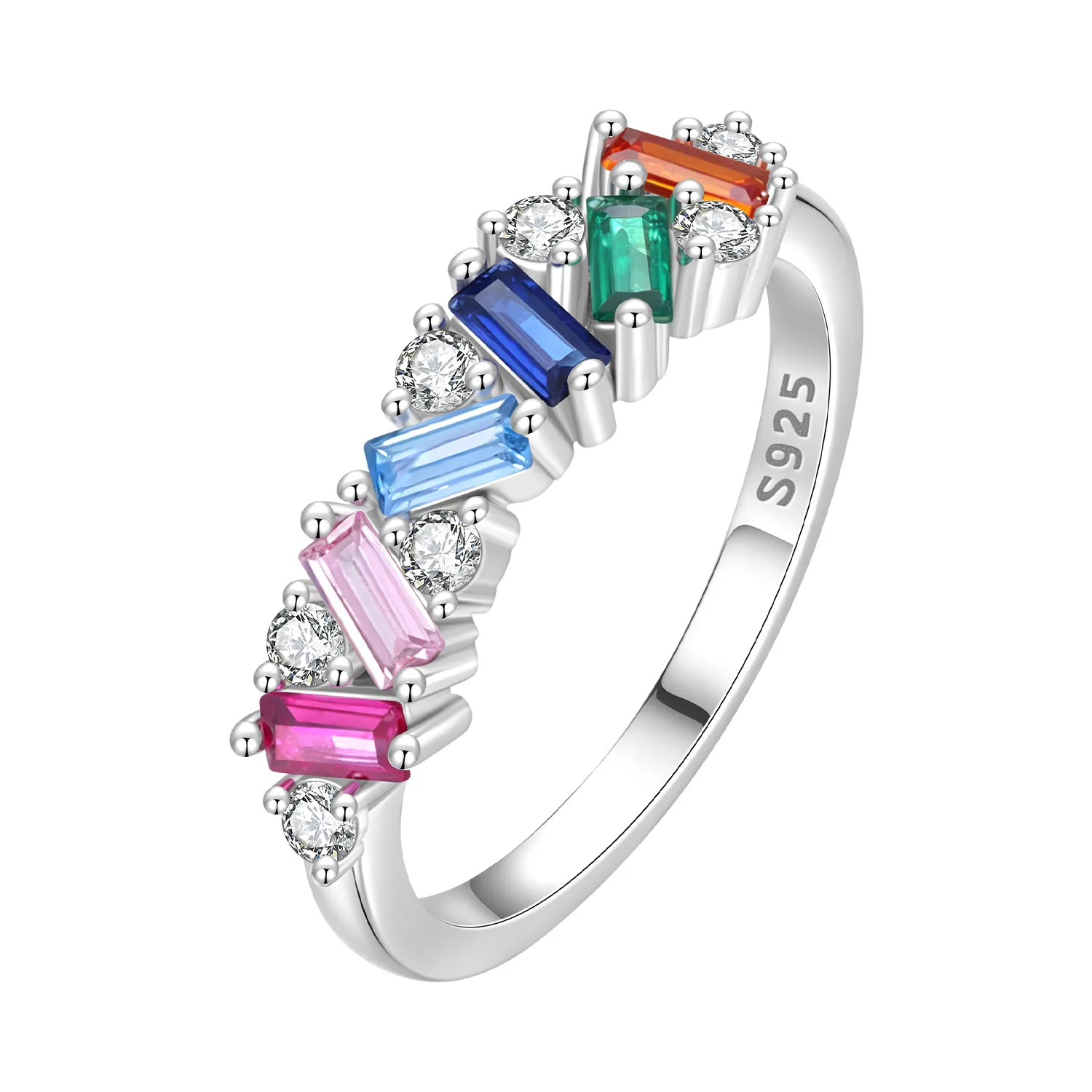 925 Sterling Silver Multicolor Baguette CZ Rainbow Ring Original Exquisite Design Fine Jewelry Birthday Holiday Gifts For Women