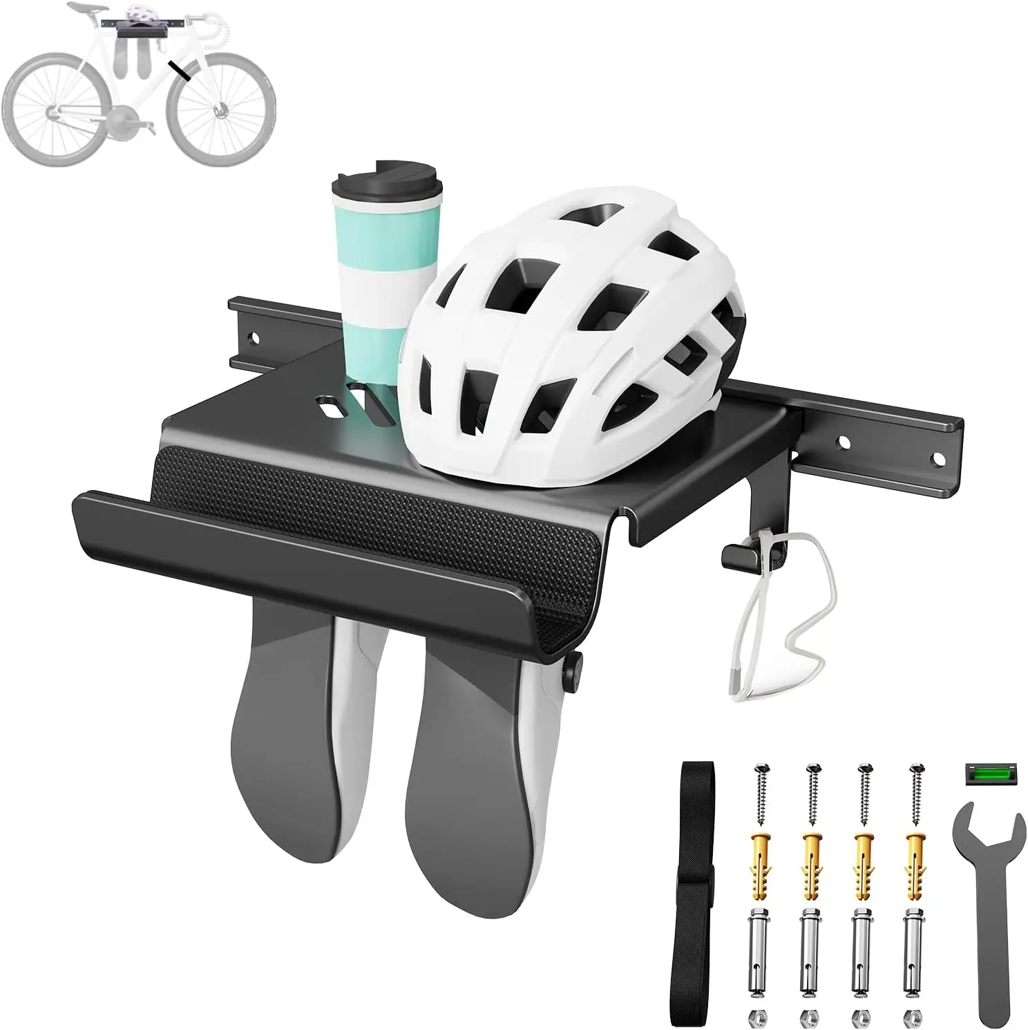 Bike Wall Mount Rack with Storage Shelf Helmet Holder Shoe Hooks And Accessories for Road And Mountain Bikes
