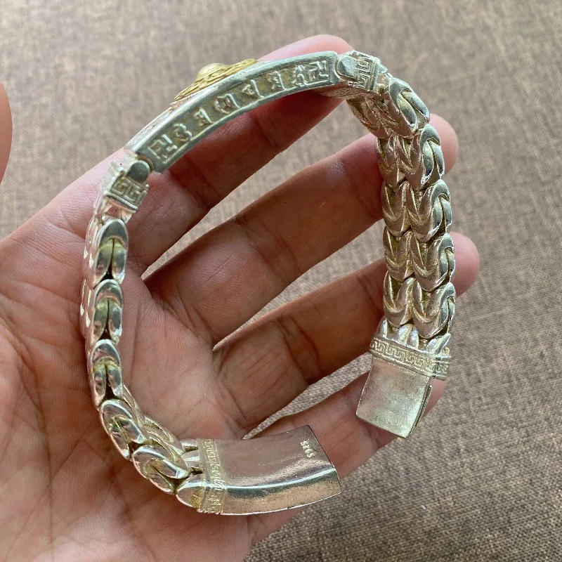 Weißkupferfarbenes zweifarbiges Dharma-Rad-Armband, Retro breiter Weizenkorn-Armreif, Unisex Ethno-Streetwear-Schmuck – Detail 5